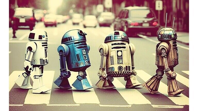 Vier Roboter sind den Beatles auf der Spur: Füttert man die Bild-AI Midjourney mit den folgenden Stichwörtern <<prompt: retro-robots-in-a-good-mood-crossing-abbey-road>>, laufen die kleinen Blechmännchen über den Zebrastreifen an der Abbey Road. Und so erscheinen auf dem bekannten Plattencover Roboter, die doch sehr an das Sci-Fi-Epos „Star Wars“ erinnern.
