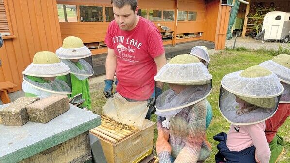 Bienen: Werma-Mitarbeiter Marius Pauli zeigt Kindern von Kollegen, wie diese Insekten leben.