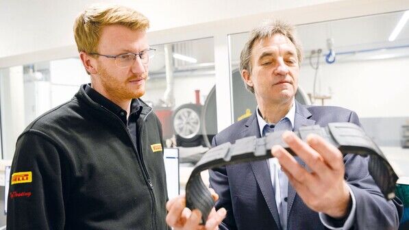 Begutachten ein Profil: Techniker Philipp Meyer (links) und Entwicklungschef Thomas Michel arbeiten an Reifen für E-Autos.