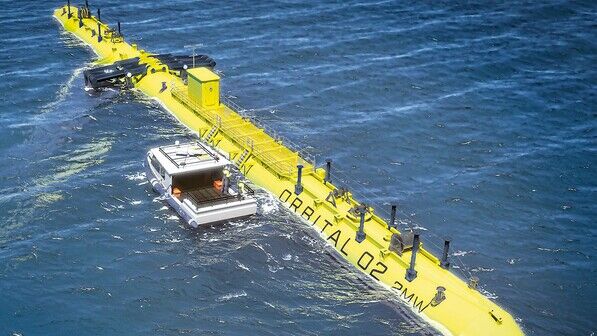 Über Wasser: Die Gezeitenturbine „O2“ der schottischen Firma Orbital schwimmt auf dem Meer.